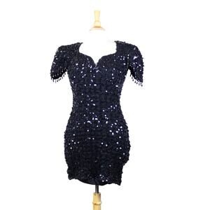 Vintage sequin mini cocktail dress sparkly black bodycon open back stretch S 9